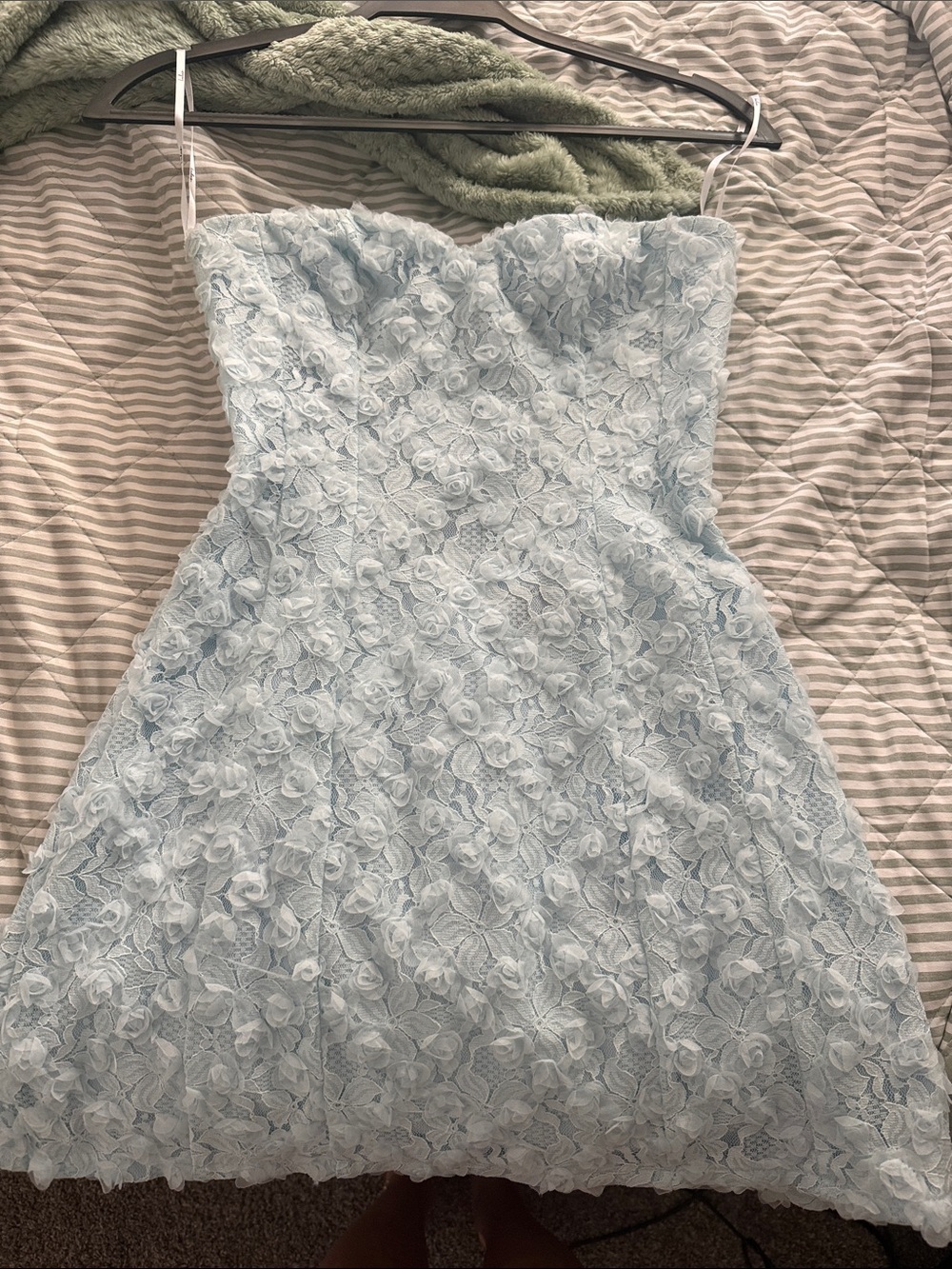 Lulu's Pale Blue Strapless 3D Floral Lace Dress